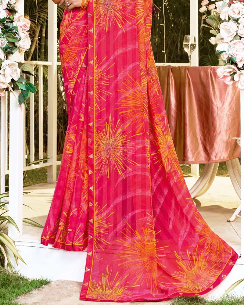 Vishal Prints Red Pink Printed Chiffon Saree With Foil Print And Fancy Border