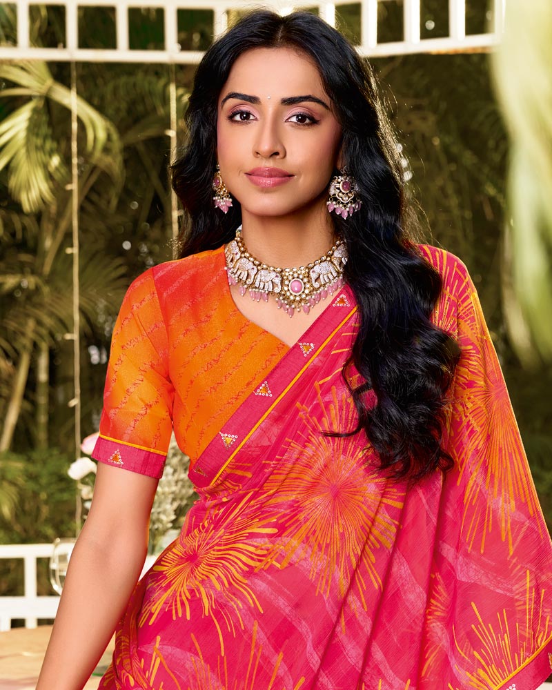 Vishal Prints Red Pink Printed Chiffon Saree With Foil Print And Fancy Border
