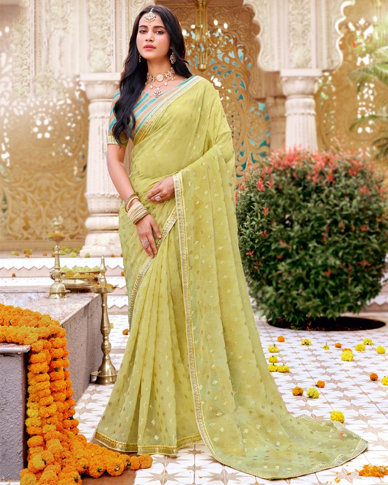 Vishal Prints Light Greenish Tan Printed Chiffon Saree With Foil Print And Fancy Border