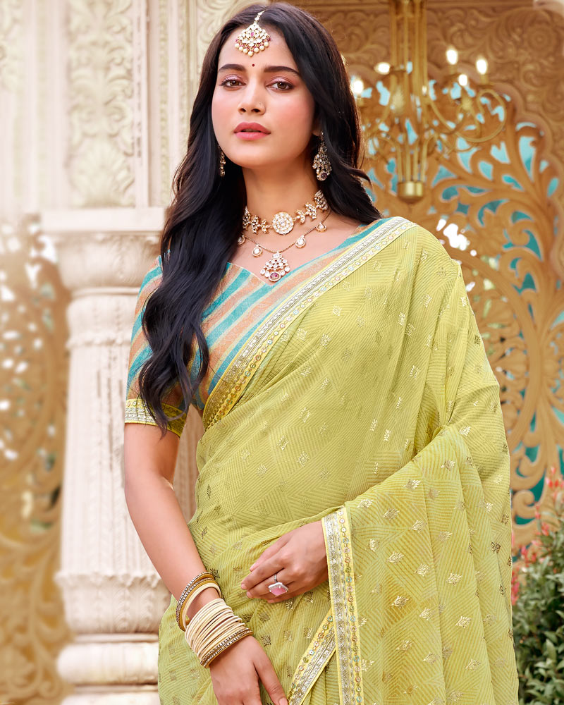 Vishal Prints Light Greenish Tan Printed Chiffon Saree With Foil Print And Fancy Border