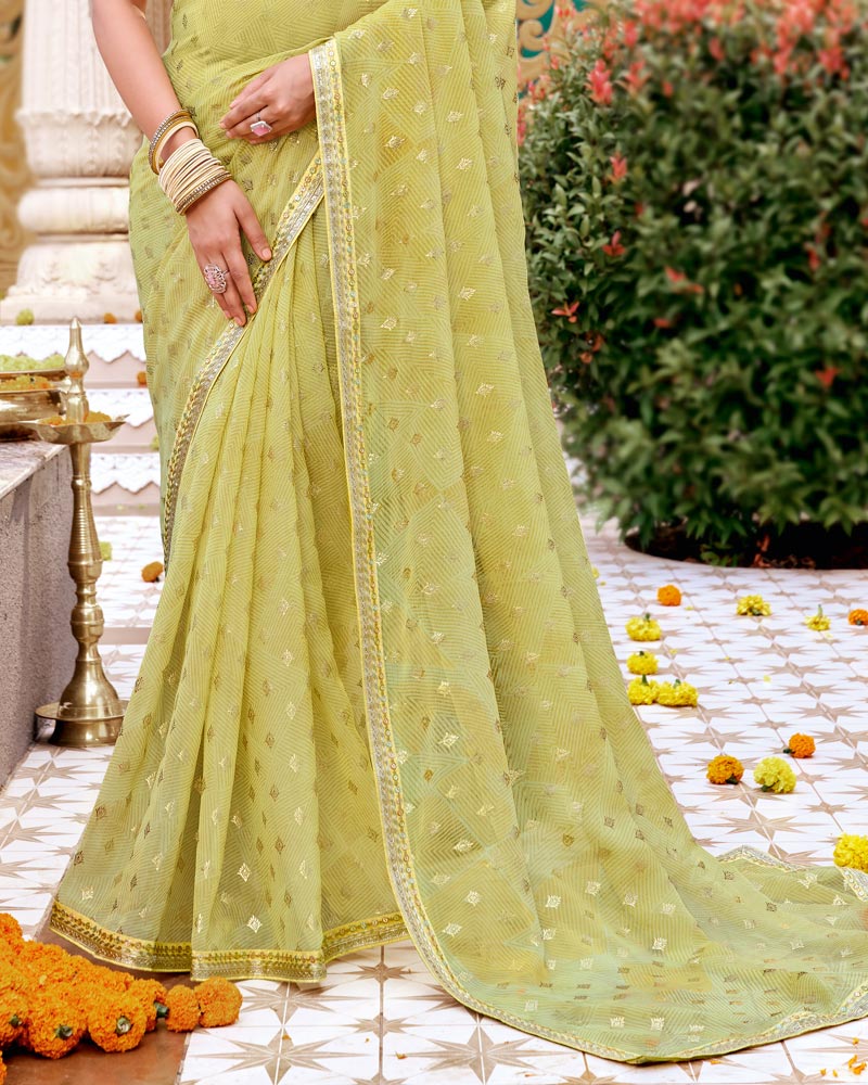 Vishal Prints Light Greenish Tan Printed Chiffon Saree With Foil Print And Fancy Border