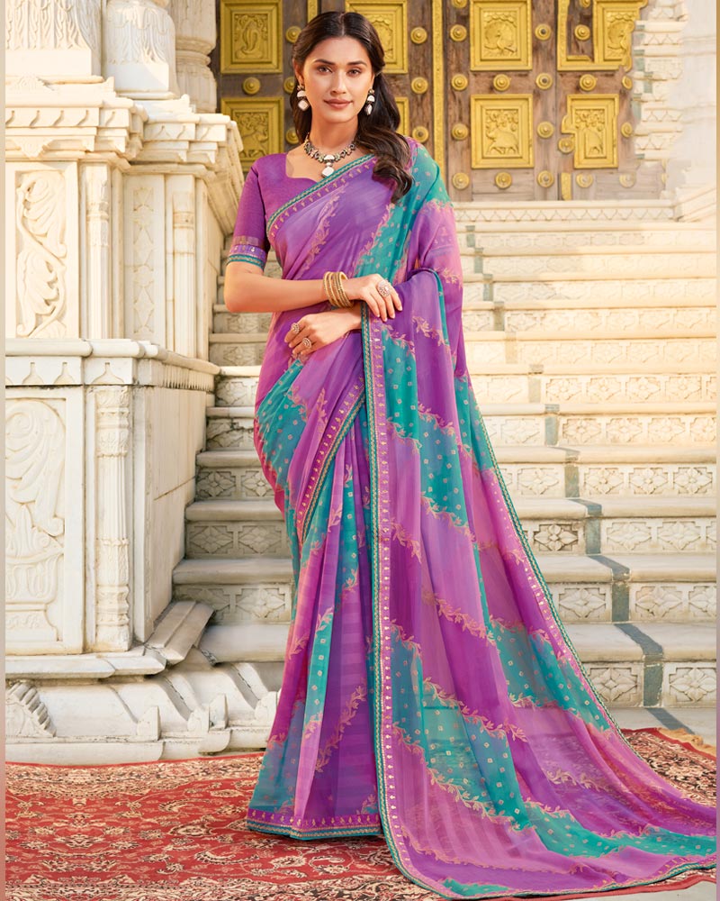 Vishal Prints Lavender Purple And Sea Green Printed Chiffon Saree With Foil Print And Fancy Border