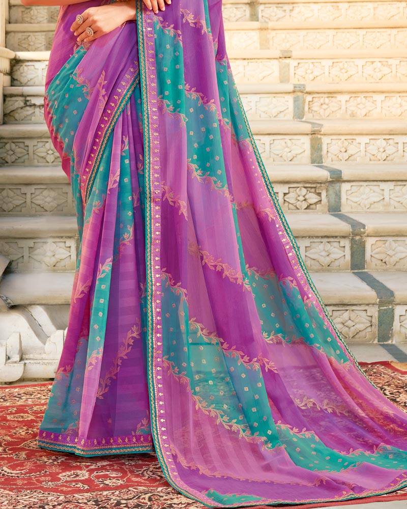 Vishal Prints Lavender Purple And Sea Green Printed Chiffon Saree With Foil Print And Fancy Border