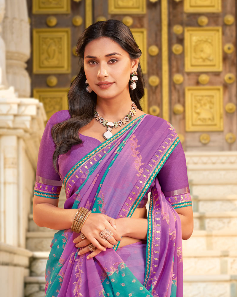 Vishal Prints Lavender Purple And Sea Green Printed Chiffon Saree With Foil Print And Fancy Border