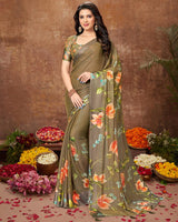 Vishal Prints Mehandi Green Patterned Chiffon Saree With Tassel