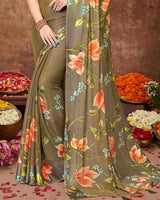 Vishal Prints Mehandi Green Patterned Chiffon Saree With Tassel