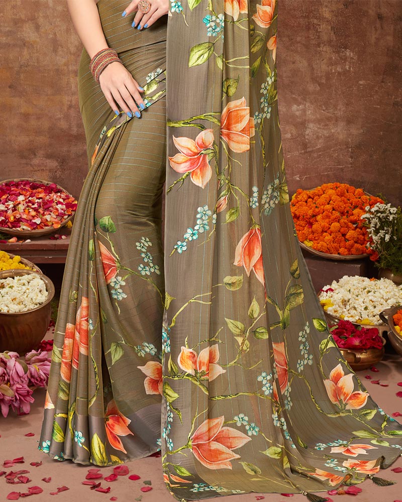 Vishal Prints Mehandi Green Patterned Chiffon Saree With Tassel