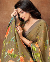 Vishal Prints Mehandi Green Patterned Chiffon Saree With Tassel