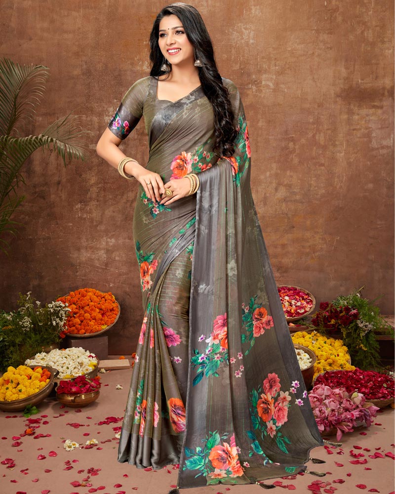 Vishal Prints Olive Grey Patterned Chiffon Saree With Tassel