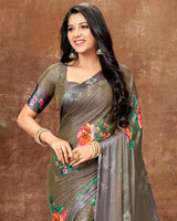 Vishal Prints Olive Grey Patterned Chiffon Saree With Tassel