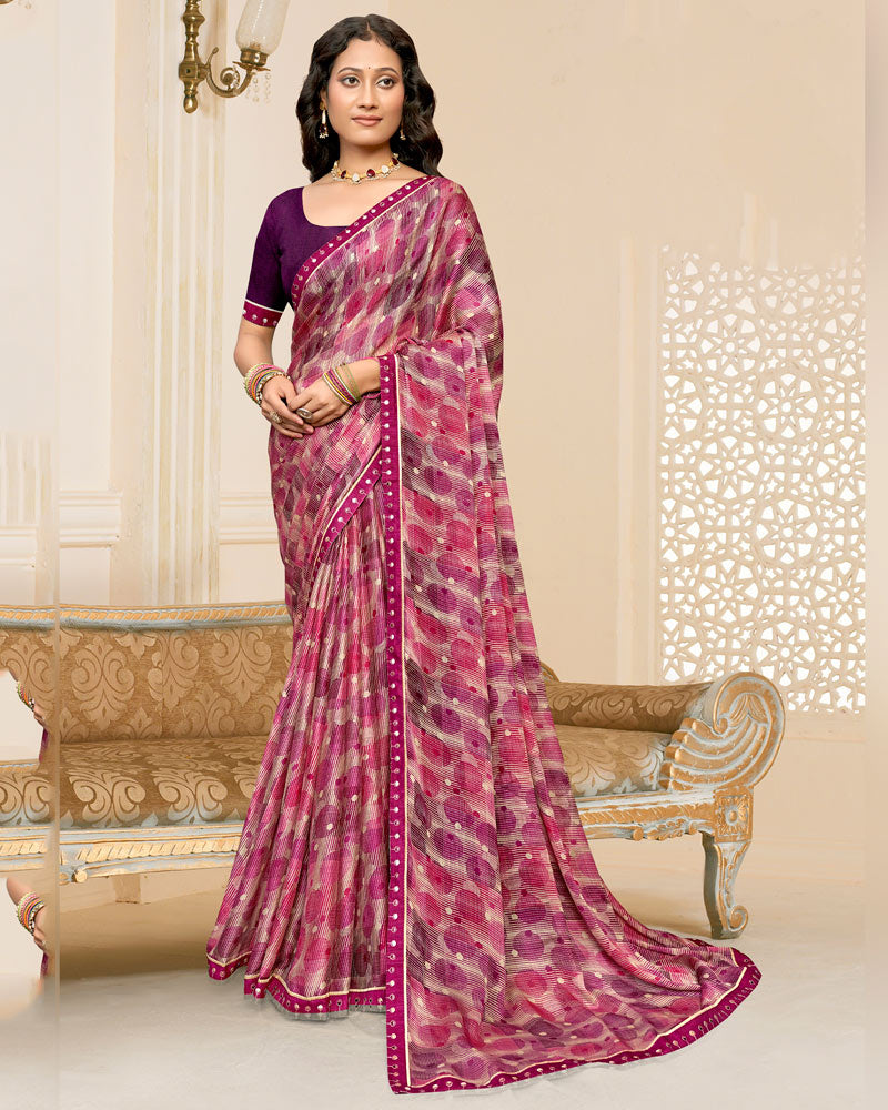 Vishal Prints Berry Pink And Grey Printed Chiffon Saree With Fancy Border