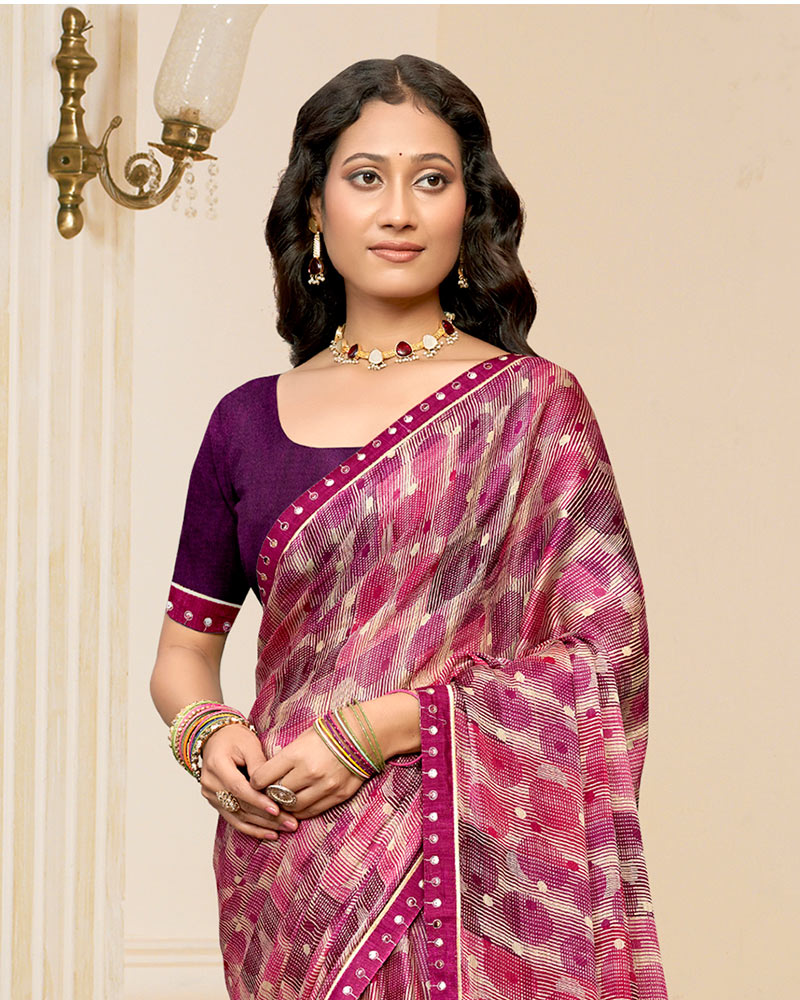 Vishal Prints Berry Pink And Grey Printed Chiffon Saree With Fancy Border