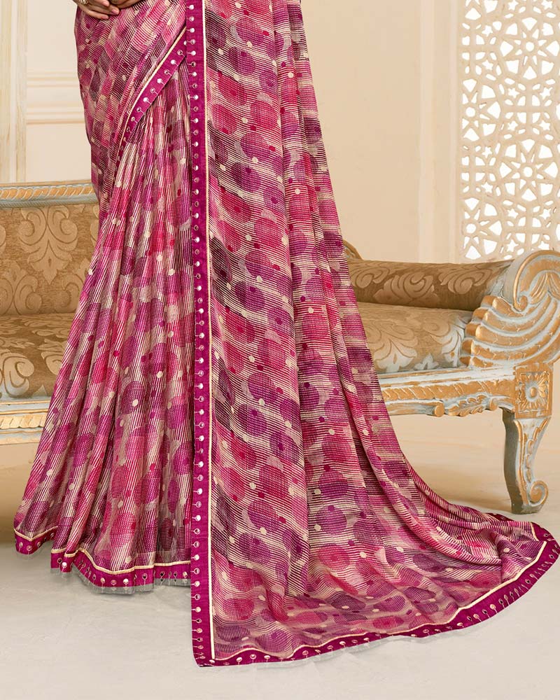 Vishal Prints Berry Pink And Grey Printed Chiffon Saree With Fancy Border