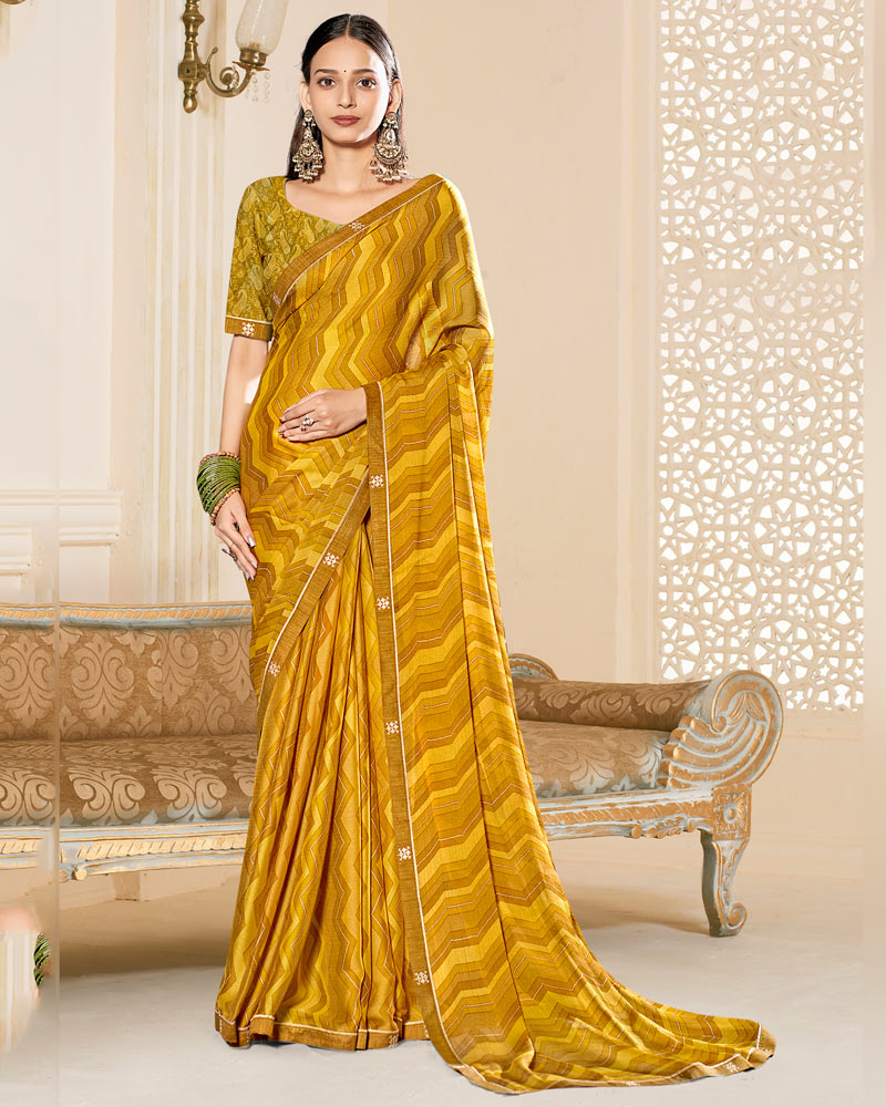 Vishal Prints Mustard Yellow Printed Chiffon Saree With Fancy Border