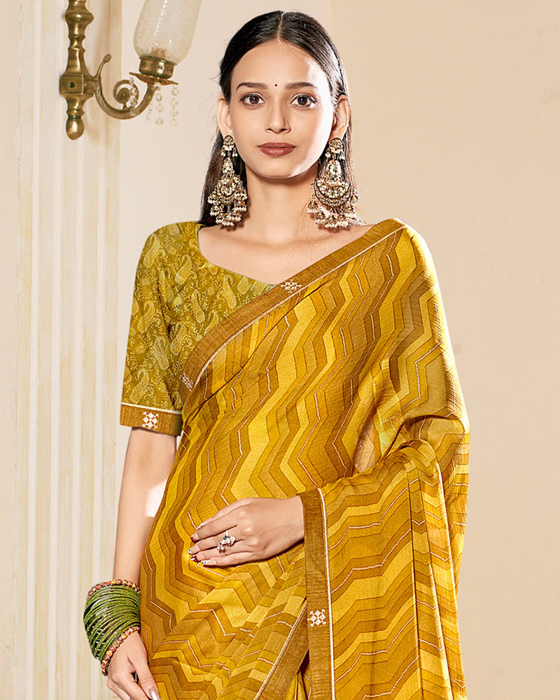 Vishal Prints Mustard Yellow Printed Chiffon Saree With Fancy Border