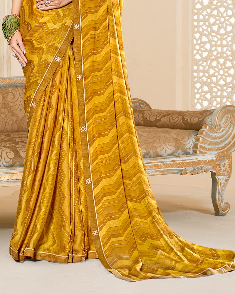 Vishal Prints Mustard Yellow Printed Chiffon Saree With Fancy Border