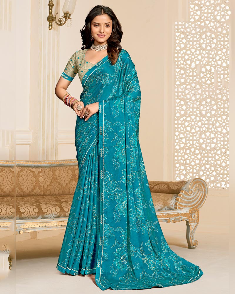 Vishal Prints Peacock Blue Printed Chiffon Saree With Fancy Border