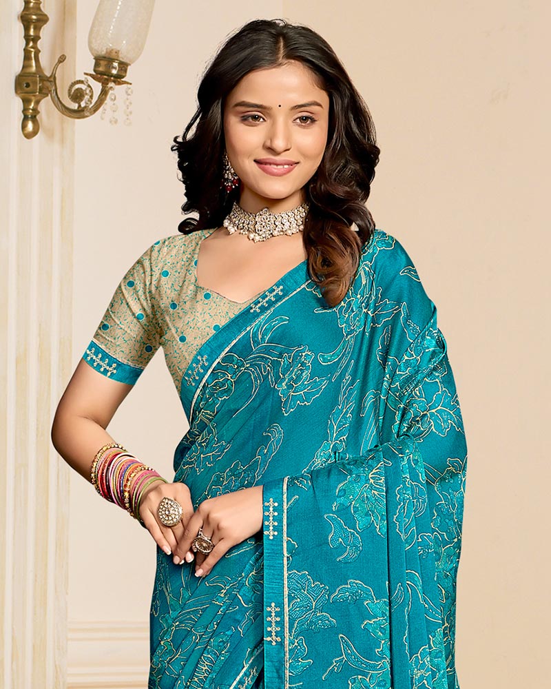 Vishal Prints Peacock Blue Printed Chiffon Saree With Fancy Border