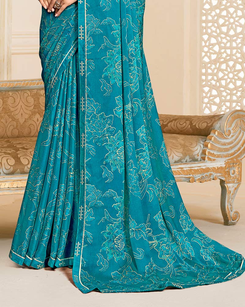 Vishal Prints Peacock Blue Printed Chiffon Saree With Fancy Border