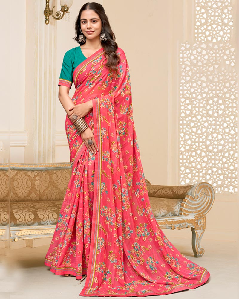 Vishal Prints Candy Pink Printed Chiffon Saree With Fancy Border