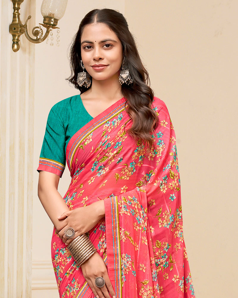 Vishal Prints Candy Pink Printed Chiffon Saree With Fancy Border