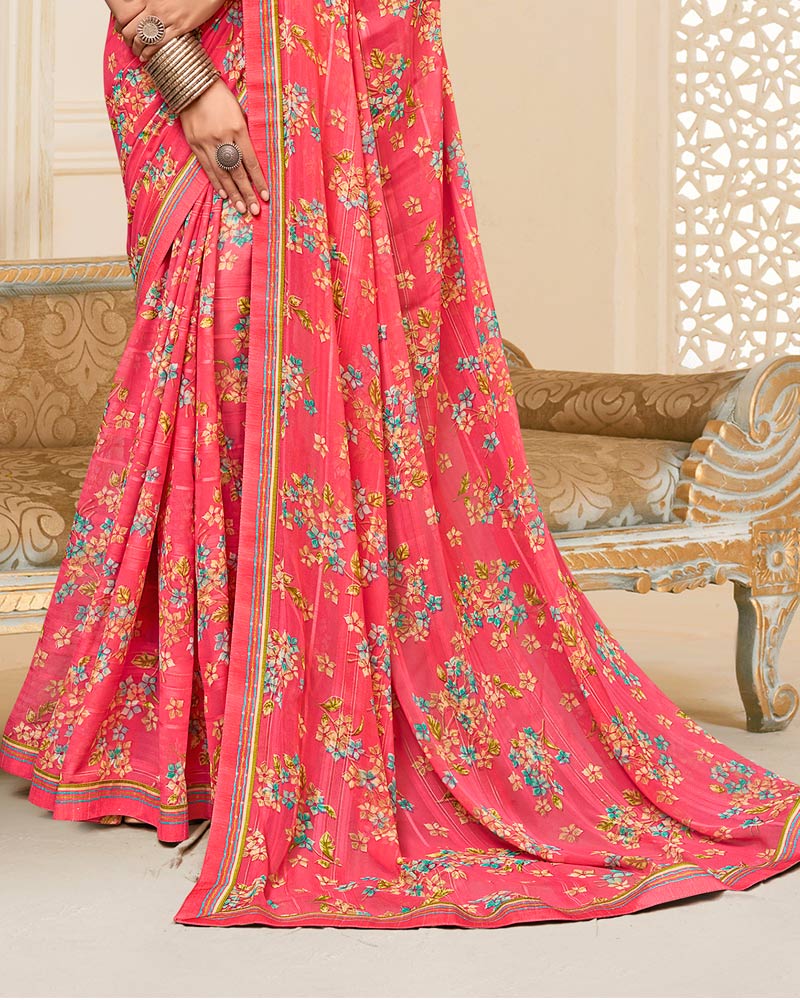 Vishal Prints Candy Pink Printed Chiffon Saree With Fancy Border