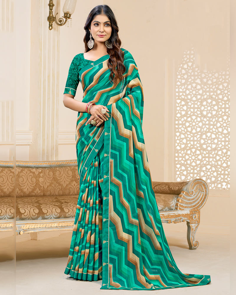Vishal Prints Jade Green Printed Chiffon Saree With Fancy Border