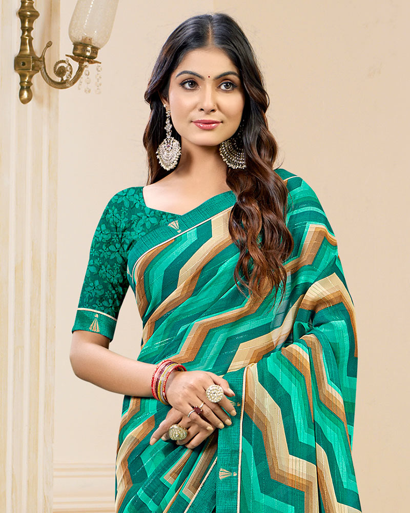 Vishal Prints Jade Green Printed Chiffon Saree With Fancy Border