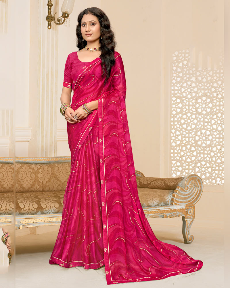 Vishal Prints Magenta Pink Printed Chiffon Saree With Fancy Border