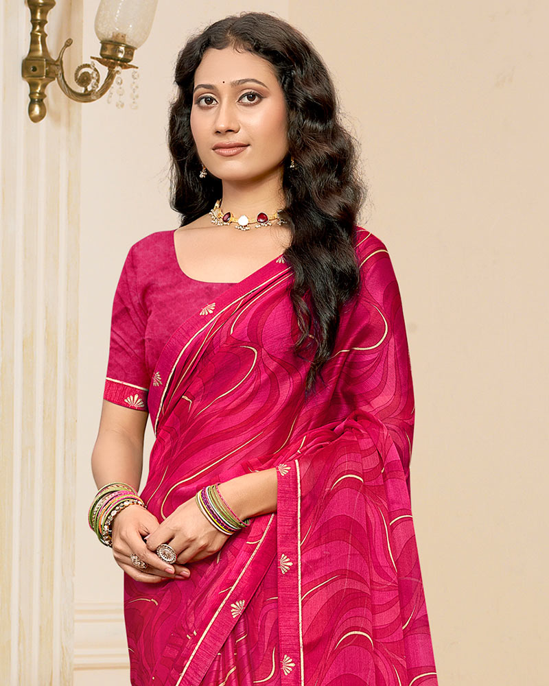 Vishal Prints Magenta Pink Printed Chiffon Saree With Fancy Border