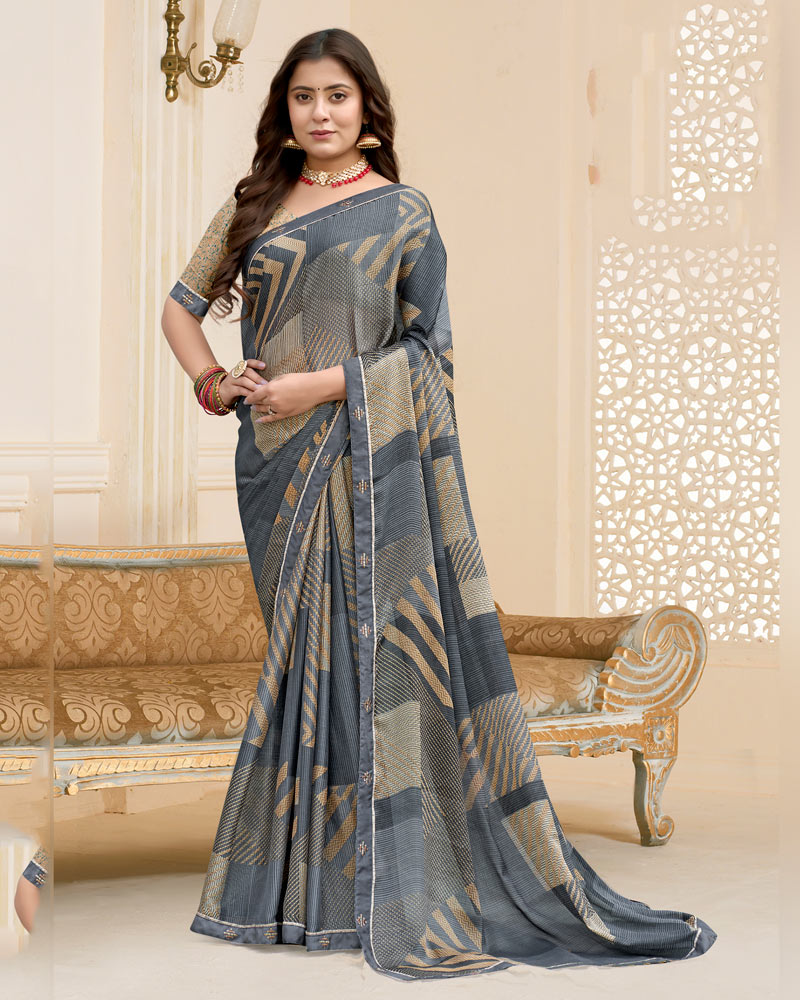 Vishal Prints Charcoal Grey Printed Chiffon Saree With Fancy Border
