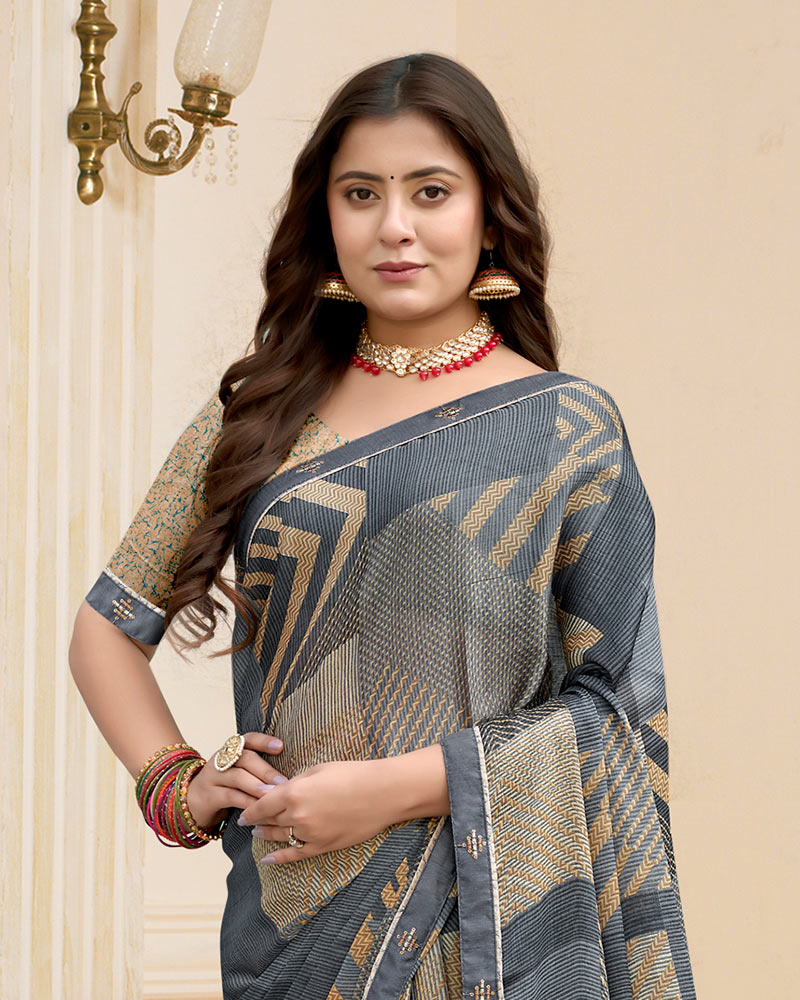 Vishal Prints Charcoal Grey Printed Chiffon Saree With Fancy Border