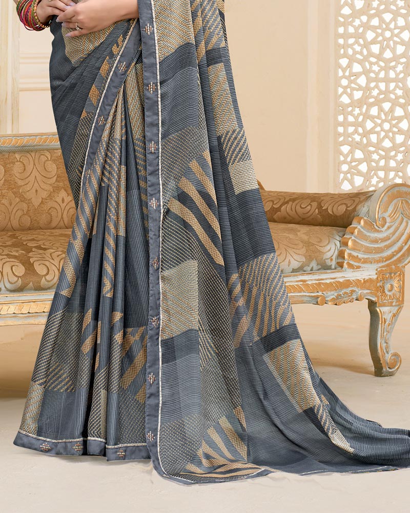 Vishal Prints Charcoal Grey Printed Chiffon Saree With Fancy Border