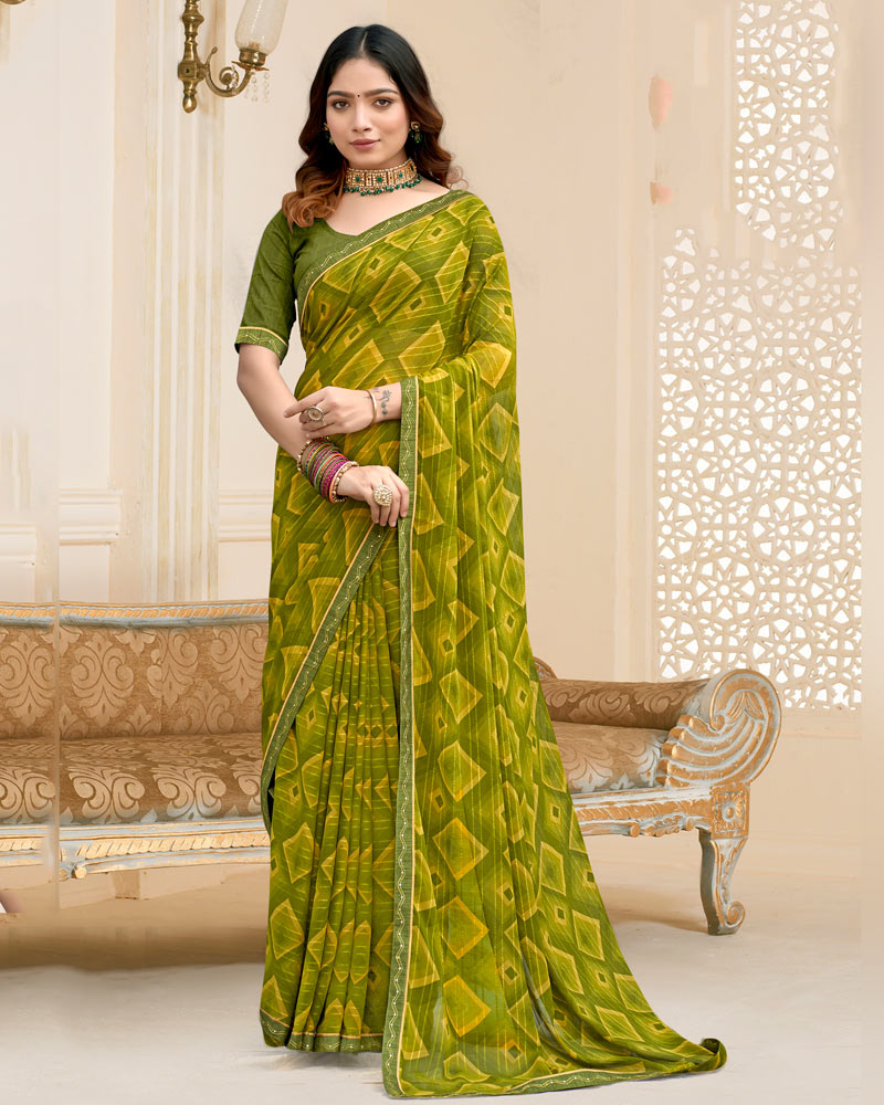 Vishal Prints Olive Green Printed Chiffon Saree With Fancy Border