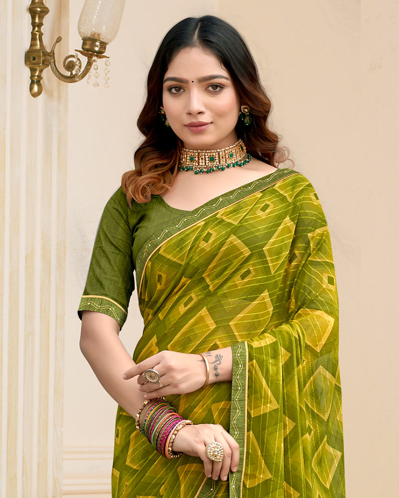 Vishal Prints Olive Green Printed Chiffon Saree With Fancy Border