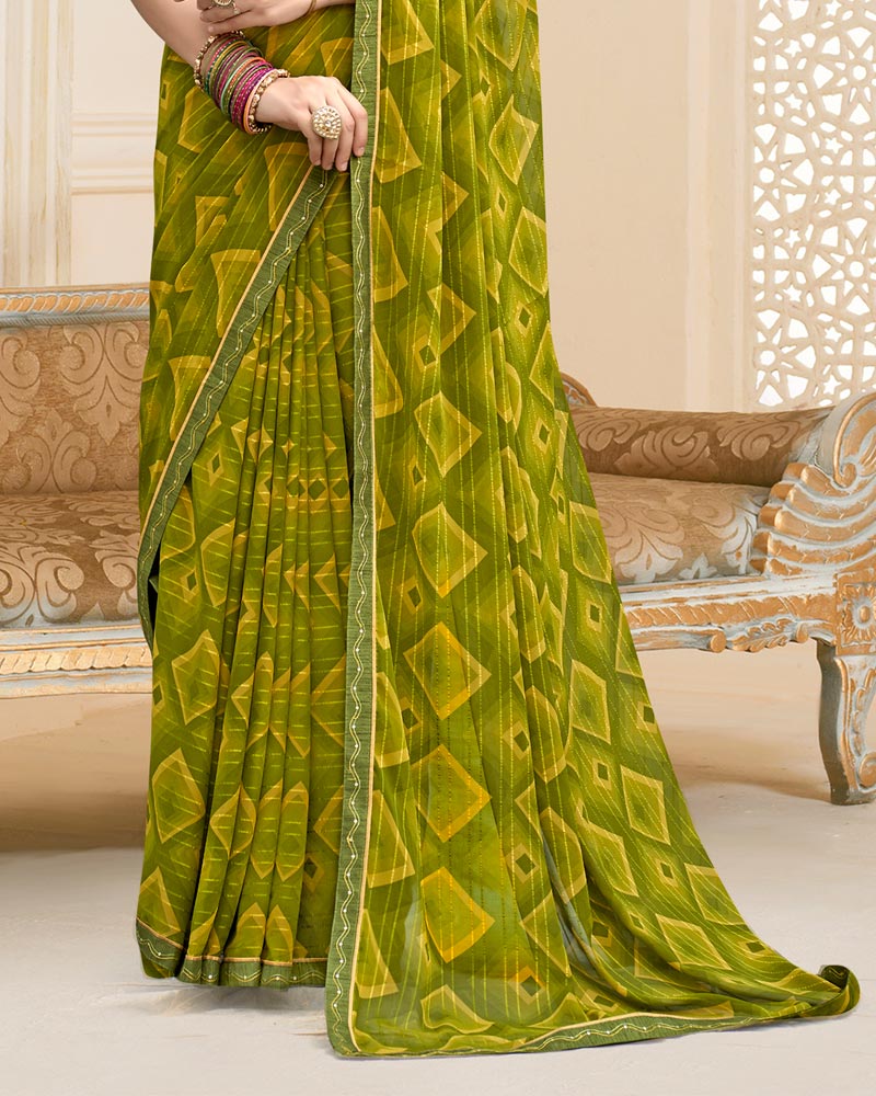 Vishal Prints Olive Green Printed Chiffon Saree With Fancy Border
