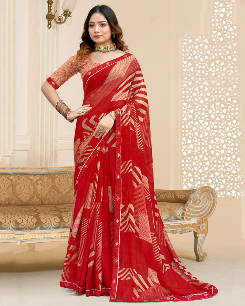 Vishal Prints Crimson Red Printed Chiffon Saree With Fancy Border