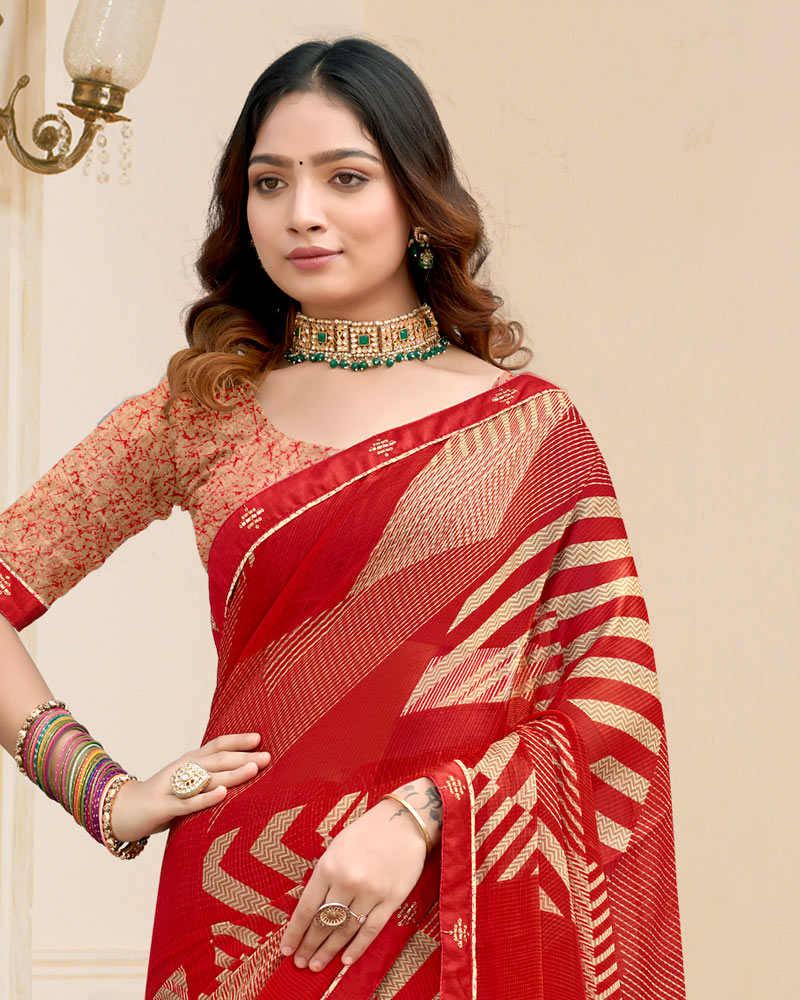 Vishal Prints Crimson Red Printed Chiffon Saree With Fancy Border