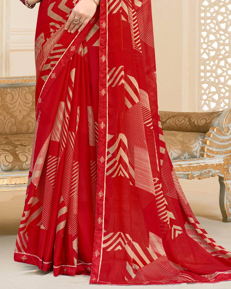 Vishal Prints Crimson Red Printed Chiffon Saree With Fancy Border