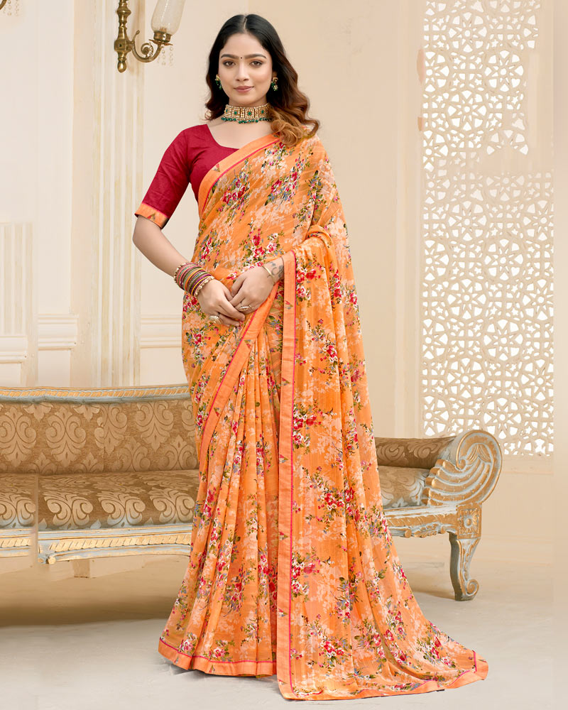 Vishal Prints Apricot Orange Printed Chiffon Saree With Fancy Border