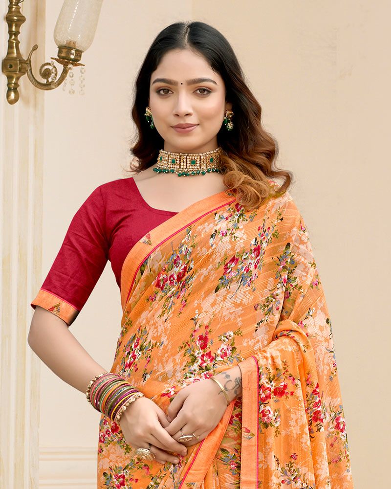Vishal Prints Apricot Orange Printed Chiffon Saree With Fancy Border