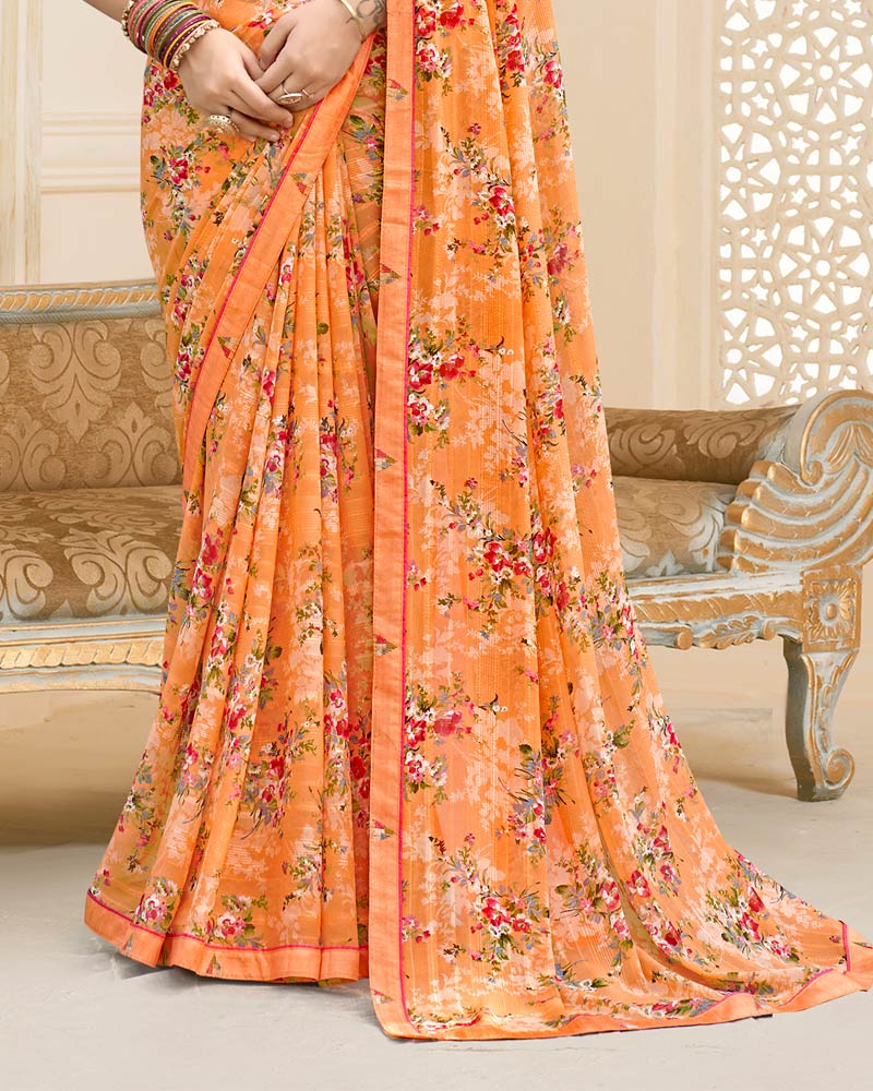 Vishal Prints Apricot Orange Printed Chiffon Saree With Fancy Border