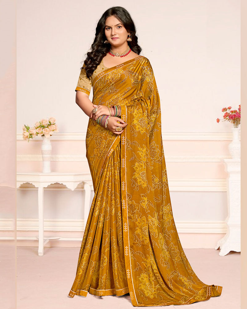 Vishal Prints Dark Mustard Printed Chiffon Saree With Fancy Border