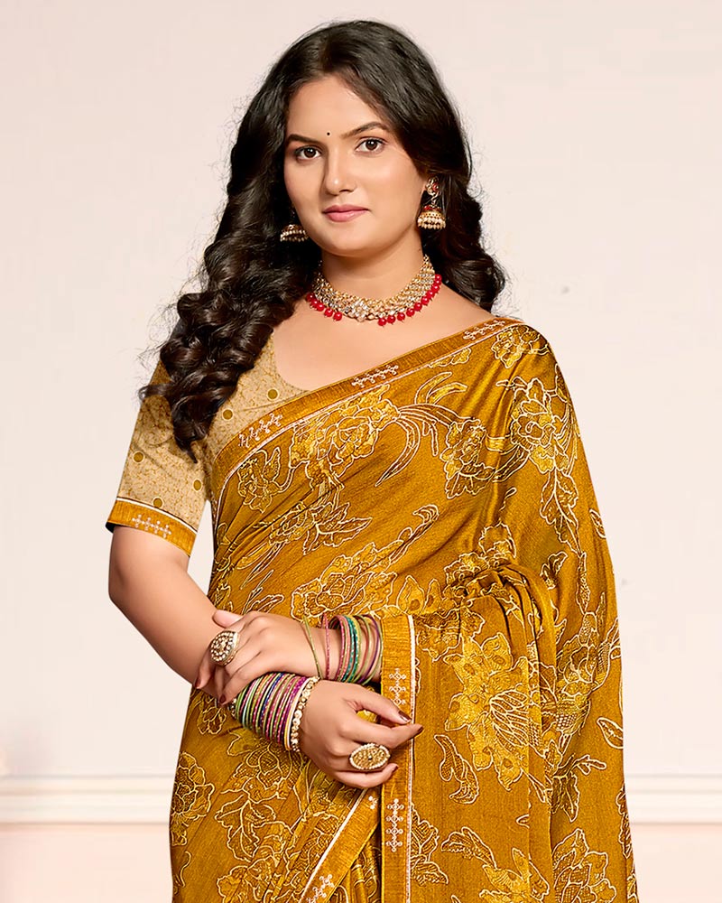 Vishal Prints Dark Mustard Printed Chiffon Saree With Fancy Border