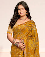 Vishal Prints Dark Mustard Printed Chiffon Saree With Fancy Border