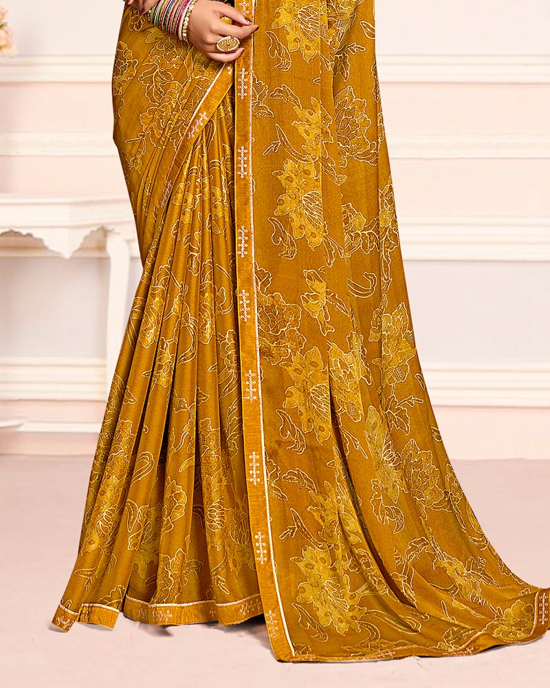 Vishal Prints Dark Mustard Printed Chiffon Saree With Fancy Border