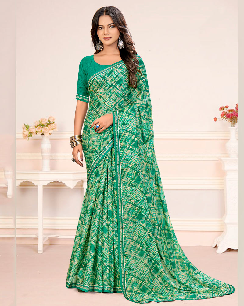 Vishal Prints Jade Green Printed Chiffon Saree With Fancy Border