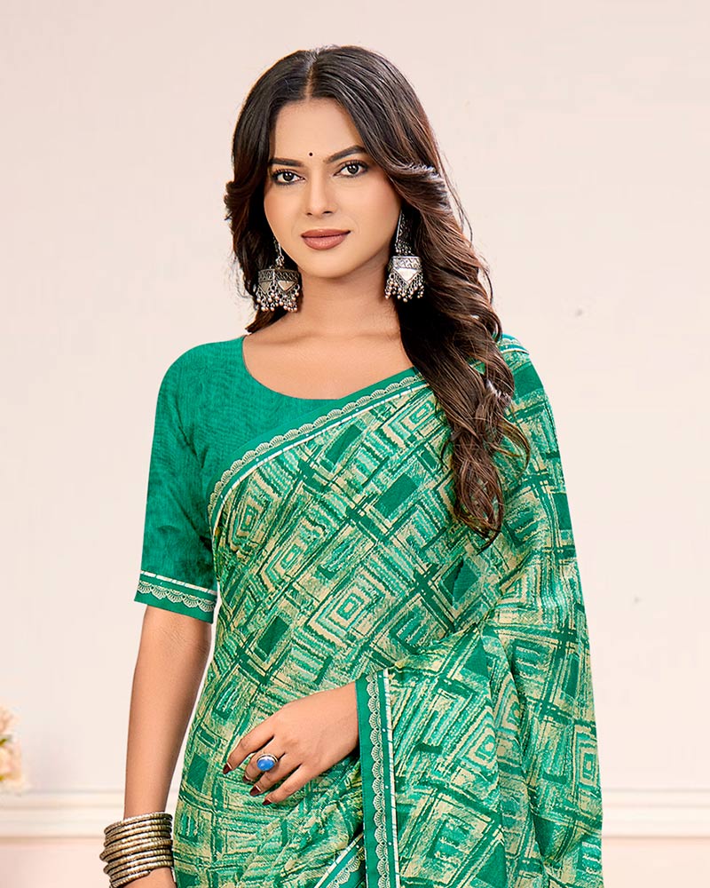 Vishal Prints Jade Green Printed Chiffon Saree With Fancy Border
