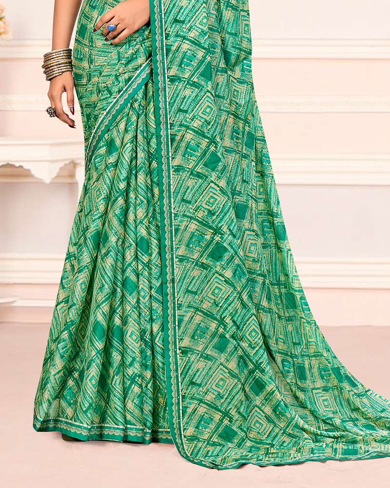 Vishal Prints Jade Green Printed Chiffon Saree With Fancy Border