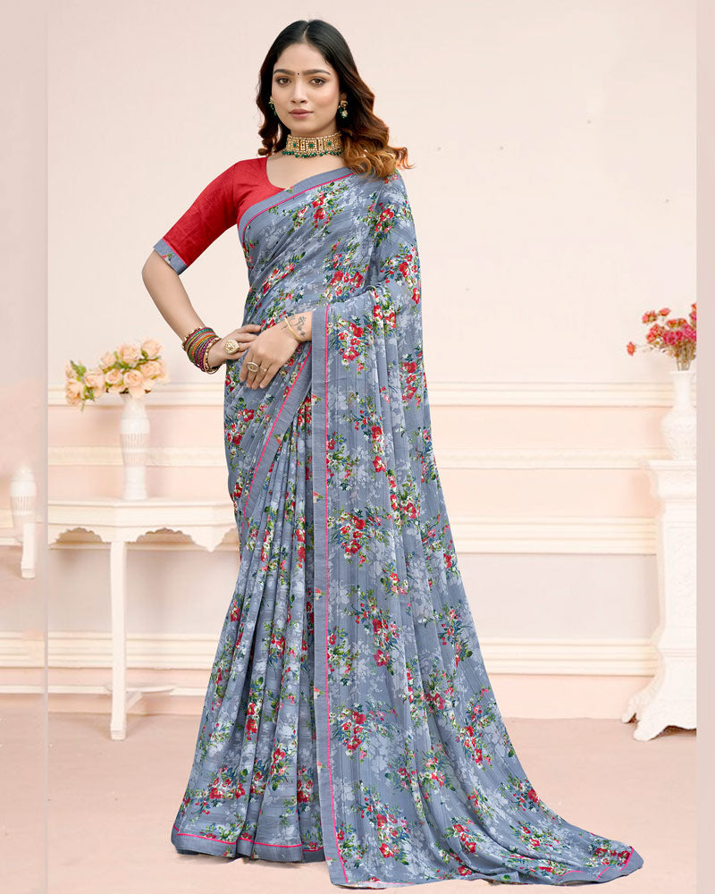 Vishal Prints Steel Grey Printed Chiffon Saree With Fancy Border